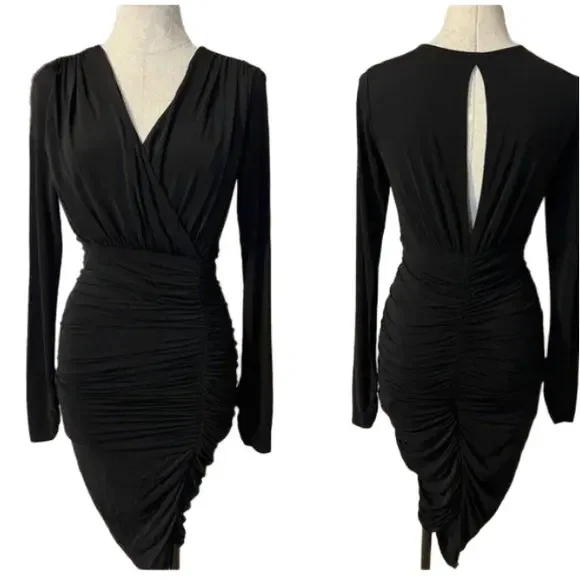 BCBGMAXAZRIA Dalton Dress M Medium Black Open Back Stretch Long Sleeve - Picture 2 of 9